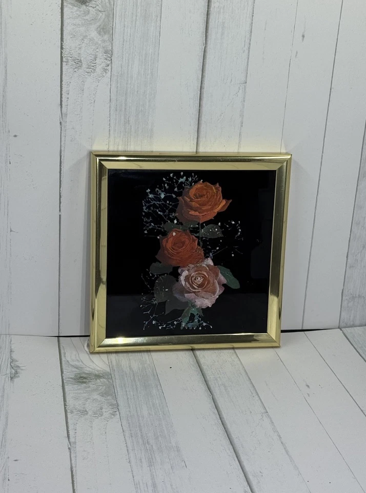 1980s Vintage Kafka Industries HAND ETCHED Foil Print 6" Gold Frame - Pink Roses - Image 4 of 4