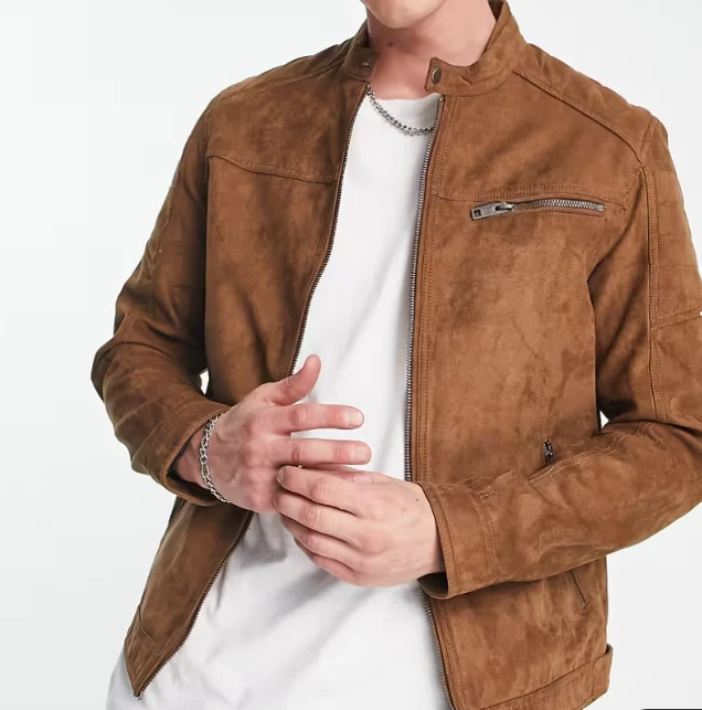 Men Dark Brown Pure Suede Leather Jacket Slim Fit Trucker Jacket Custom Size L