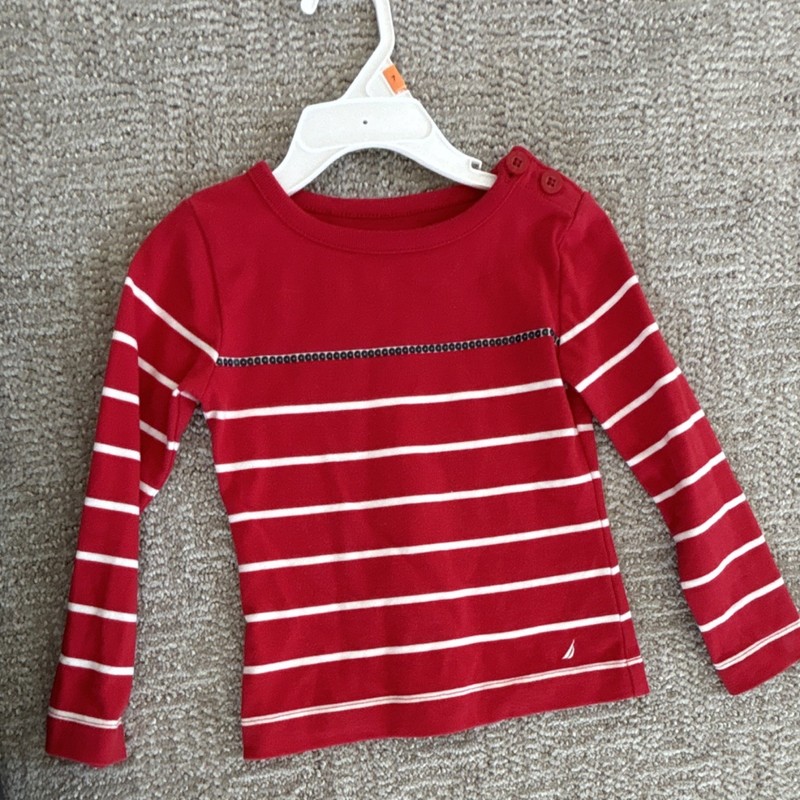 Nautica 2T Red White Striped Long Sleeve Cotton T-Shirt Button Accent