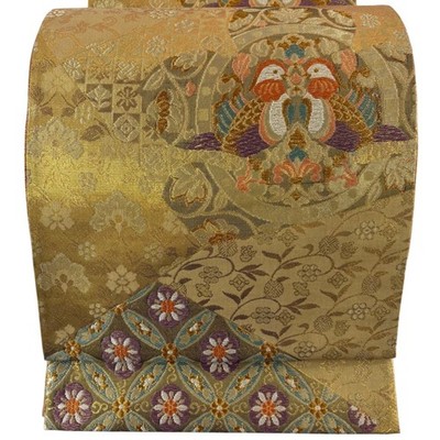 Japanese Kimono Fukuro obi excellent item flower arabesque foil gold thread gold