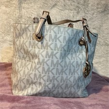 Michael Kors Beige Monogram Logo Tote Shoulder Bag w/ Charm, Outer Pockets