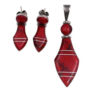 VINTAGE DESIGNER E LUNAS RED JASPER EARRING PENDANT SUITE ULTRA FINE 950 SILVER