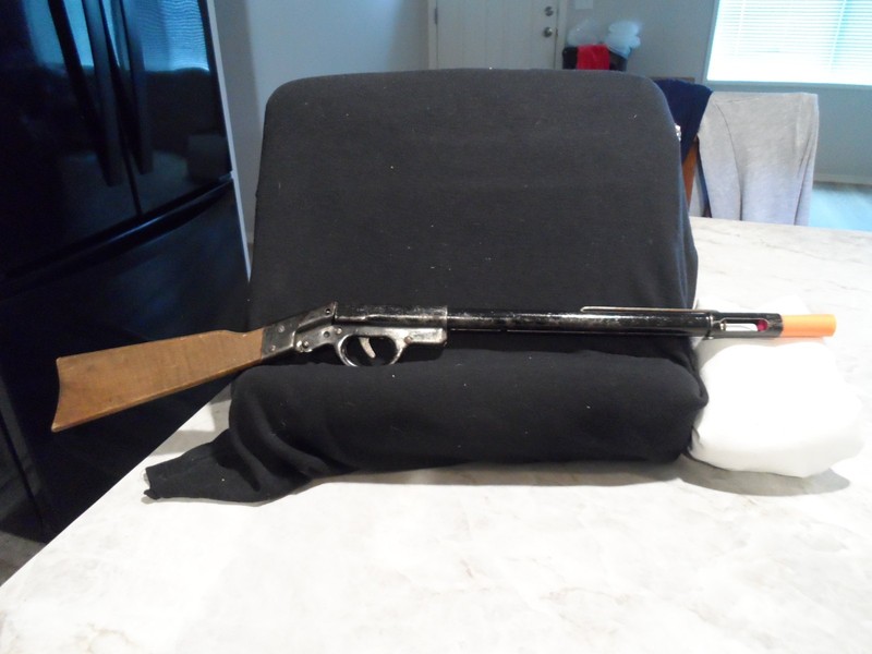 Vintage Toy Cork Rifle Wood Stock Black Metal 19" Length WORKS!!! TESTED!!!