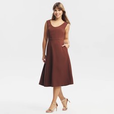 Women Deep Back Midi A-Line Dress - A New Day Brown XL