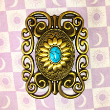 Gold Tone Metal Western Floral Scrollwork Oval Belt Buckle Blue Stone Accent