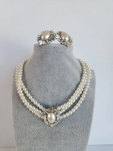 Vtg Costume Jewelry Set Chocker Necklace Earrings Faux Pearls Princess Diana 80s