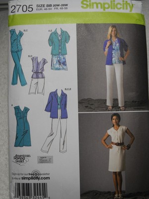 Dress Top Pants Shorts Jacket Womens size 20w-28w Simplicity 2705 Sewing Pattern