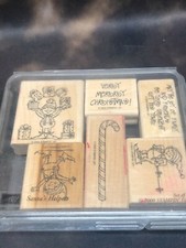 Stampin' Up WOOD MOUNTED Rubber SANTA'S HELPERS Stamp Set NICE