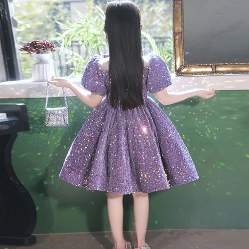 Evening Kids Formal Party Dresses Girls Purple Sequins Short Gown Luxury Pageant - Picture 3 of 30