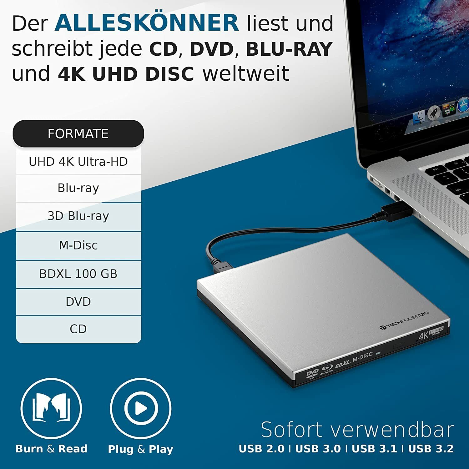 techPulse120 externes UHD 4K USB 3.0 Typ-C Blu-ray DVD Brenner Laufwerk Brenner
