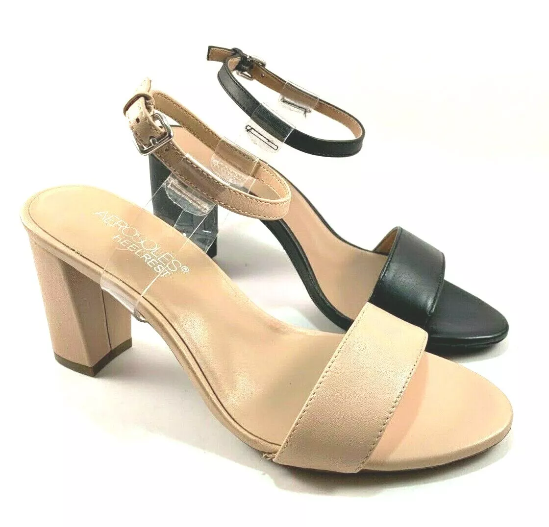 Aerosoles Waterbird Black Leather Thick Heel Strappy Sandals