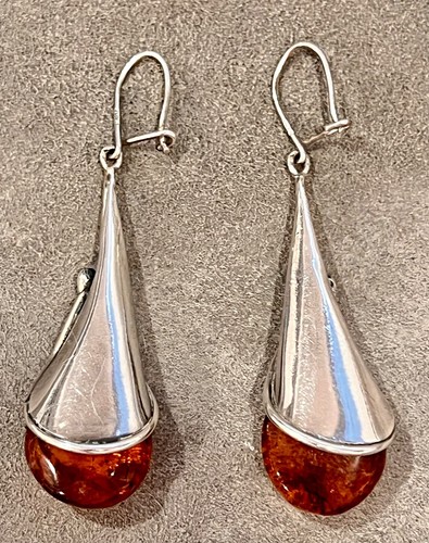 VINTAGE LARGE STERLING SILVER GOLDEN AMBER DANGLE TEAR DROP EARRINGS WIRES HOOKS - Picture 2 of 3