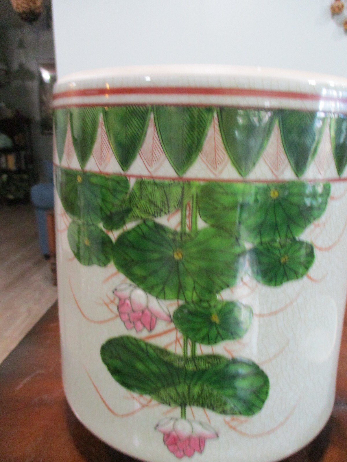 Fitz & Floyd Asian Chinoiserie  Large hand painted Lotus Ginger Jar crackled WOW