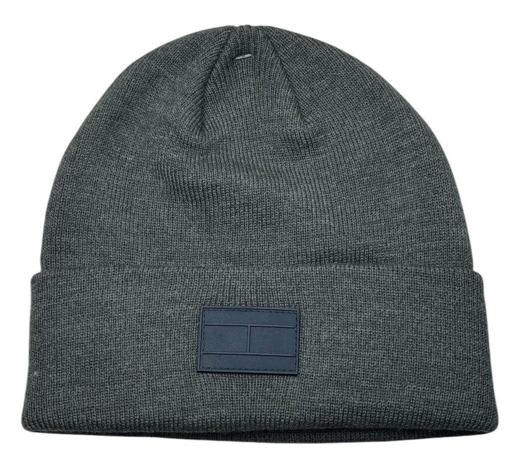 TOMMY HILFIGER Mens Grey Knit Beanie with Navy Blue Logo Acrylic One Size