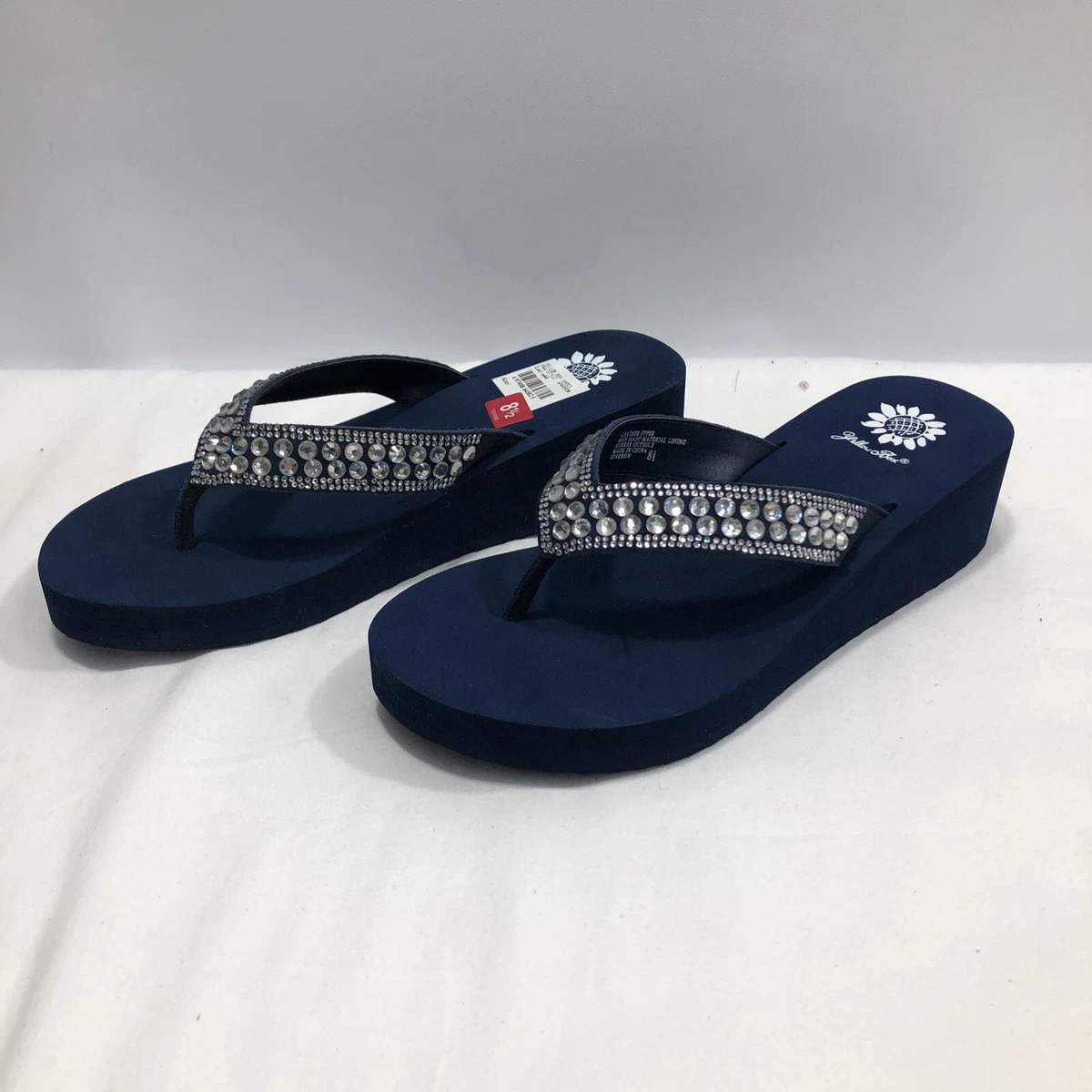 Yellow box navy sandals sale