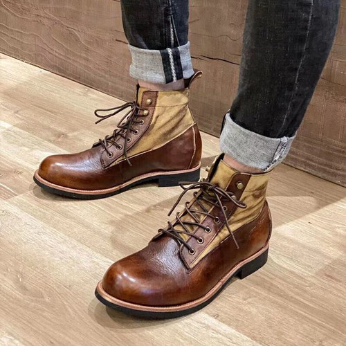 Men Casual Retro Combat Motorcycle Ankle Boots Lace Up Hiking Walking Punk Shoes - Picture 9 of 14