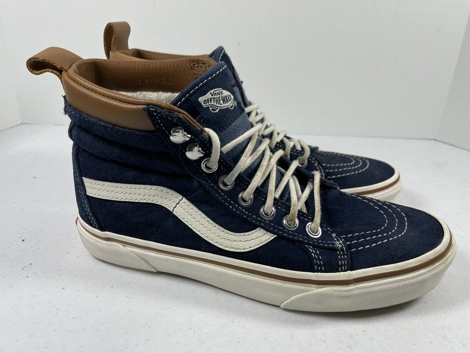 🔥 Vans Blue Leather High Hi Top Skate Shoes Scotchgard Fleece Lined W 8