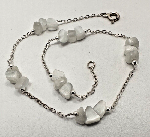 Sterling Silver .925 White Chatoyant Glass 10 1/4" Anklet Ankle Bracelet - Picture 1 of 7