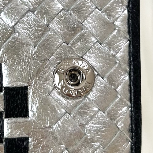 PRADA Braided Leather Madras Long Wallet Silver/Black - Picture 13 of 22