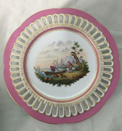 (6 Pcs) c1853-73 Fischer & Mieg Pink Scenic Reticulated TAZZA'S & CABINET PLATES - Picture 2 of 12