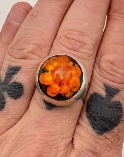 Beautiful Vintage Taxco Mexico TD-75 Sterling Silver Floral Inlay Amber Ring - Picture 3 of 15