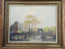 Vintage Paris Canal Market Scene Oil Painting Canvas Framed Mid-Century European