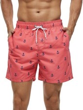 Mens Swim Trunks Quick Dry Boardshorts with Mesh Lining Swimwear Pink Anchor- L