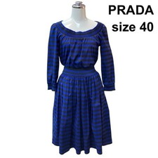 PRADA Flare Dress Size 40 L Off Shoulder Knee Length Black Blue Cotton Blend