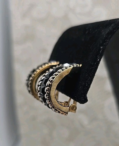 Classy Gold & Silvertone W/black Half Loop Clip-on Earrings - Picture 2 of 10