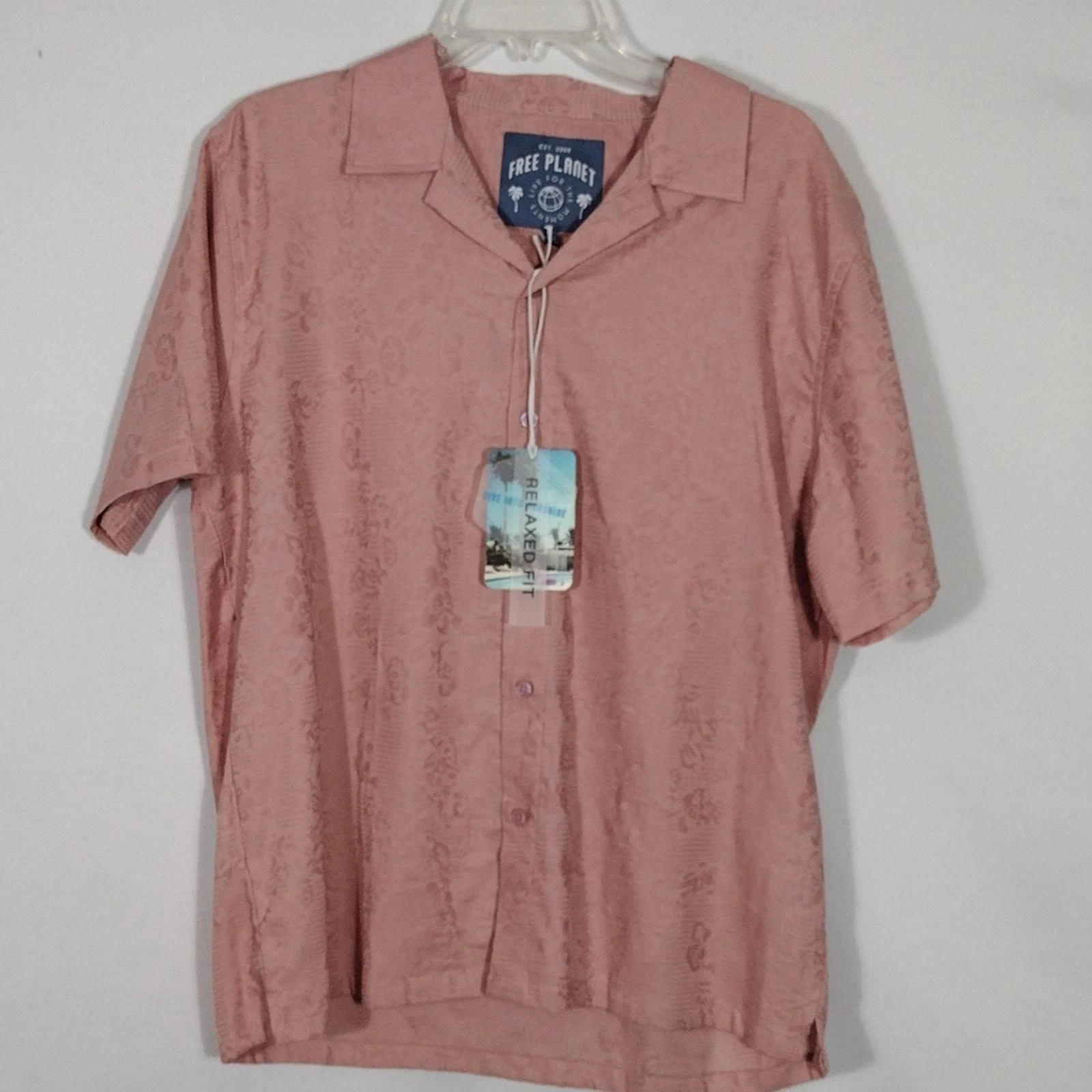 NWT Free Planet Men's Misty Rose Short Sleeve Textured Floral Button Down Sz Med