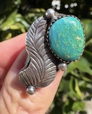 Vtg 1.25  Native American Navajo Large Leaf Feather Green Turquoise Ring Size 6