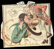 Antique J C Leyendecker Wooden Christmas Puzzle 1900 1930 Romantic Sleigh RIde
