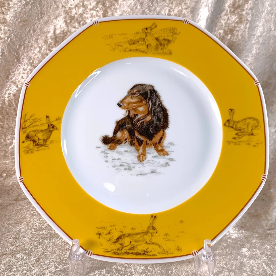 Juego de 2 vajilla de porcelana para perro Teckel de pelo largo plato de postre Hermes con caja Foto 4 de 4