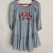 FREE PEOPLE Sunbeams Blue Embroidered Mini Dress XS Off Shoulder Boho Peasant