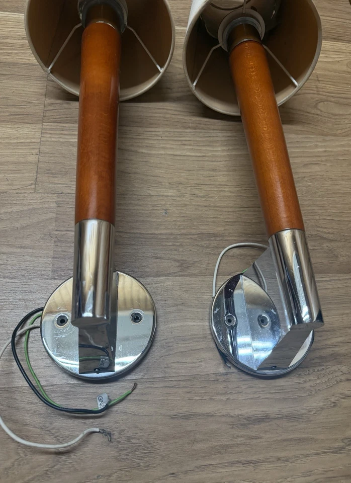 Vintage Taller Uno Wall sconces Lamps 0551  23” tall Wood Stems / w Chrome Base - Image 3 of 4