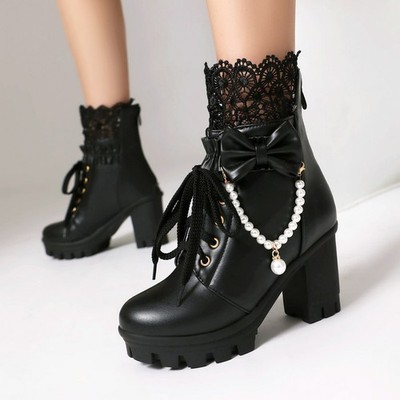 Women's Lace Up Platform High Block Heel Ankle Boot Round Toe Leather Shoes Lady