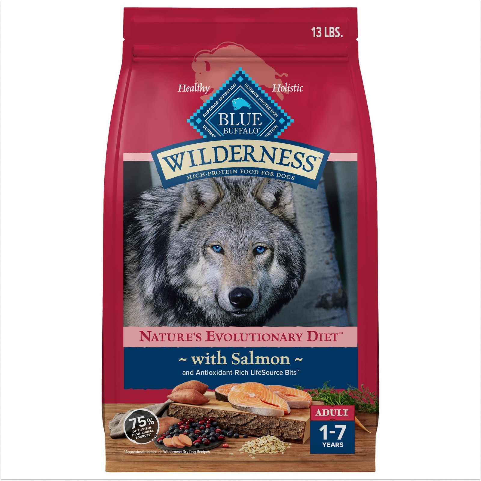 BLUE Wilderness High Protein Natural Adult Dry Dog Food, Salmon & Grains, 13 lb