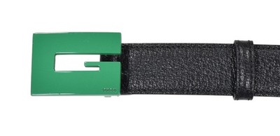 Authentic Men's Gucci Black Leather Green Ceramic G Buckle Belt