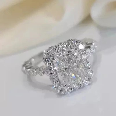 3CT Radiant Cut Halo Moissanite Engagement Ring 14k White Gold Plated For Women