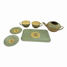Vintage 1930's Tin Ohio Art Co. Bryan Ohio Tea Set 6 Pieces Floral Pattern USA