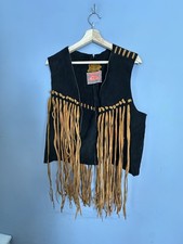 Vintage Black suede leather fringe hippie bolo open front vest Sz 44