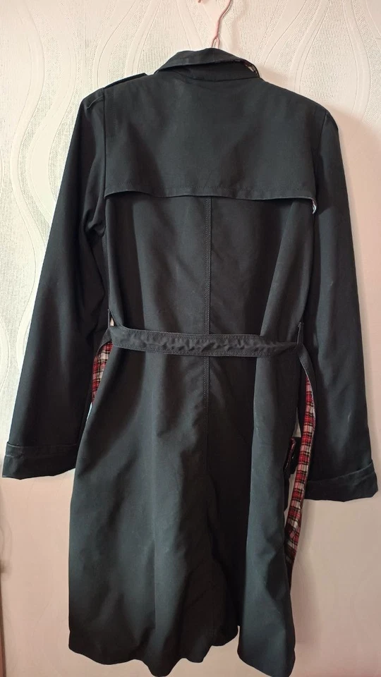 Vintage Sonia Rykiel Black Cotton Trench Coat Tie Belt Tartan Lining Size 38 - Image 2 of 4