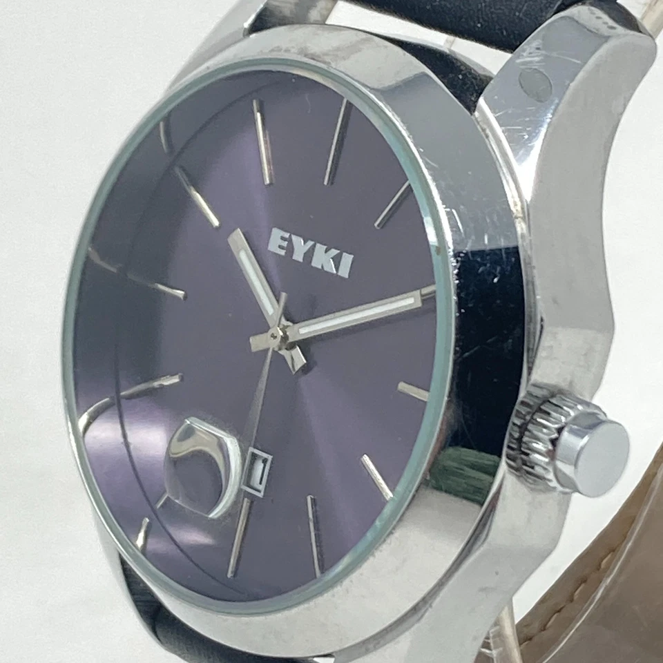 Eyki Watch Men 42mm Silver Tone Date Bubble Purple Dial Round New Battery 9" - Image 4 of 4