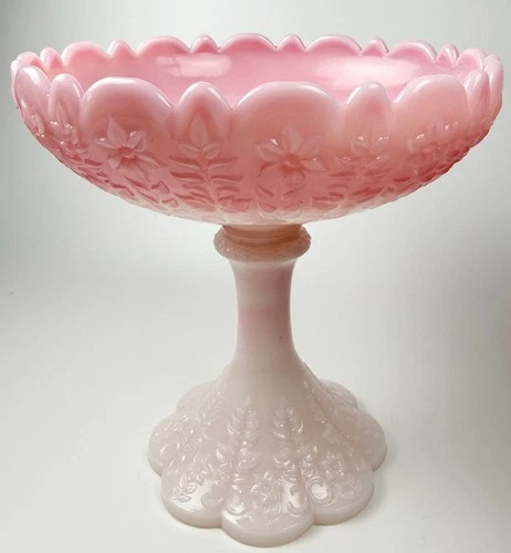 Vintage Fenton pink slag Rosalene glass compote jewelry pedestal candy dish bowl