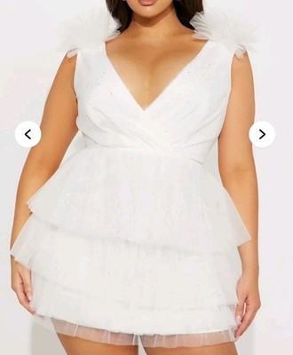 Fashion Nova Celine Tulle Mini Dress Size 2X White Silver Sparkle Tiered New