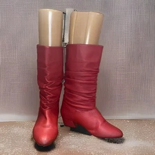 80s Red Leather Slouch Boots Women’s Size Pull-On Low Heel 6.5