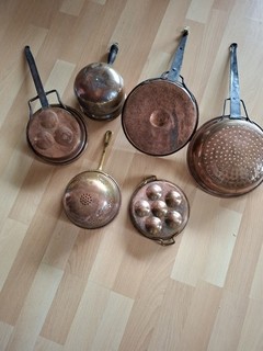 6xEierpfanne Kupfer Form Bratapfelform antik vintage alt Backform Kupferpfanne