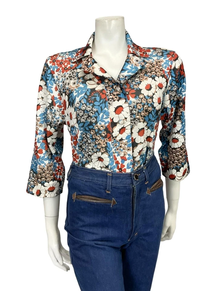 VTG 60S 70S JAPANESE BLUE WHITE BROWN BLACK FLORAL CROPPED SLEEVE SHIRT 12 - Image 3 of 4