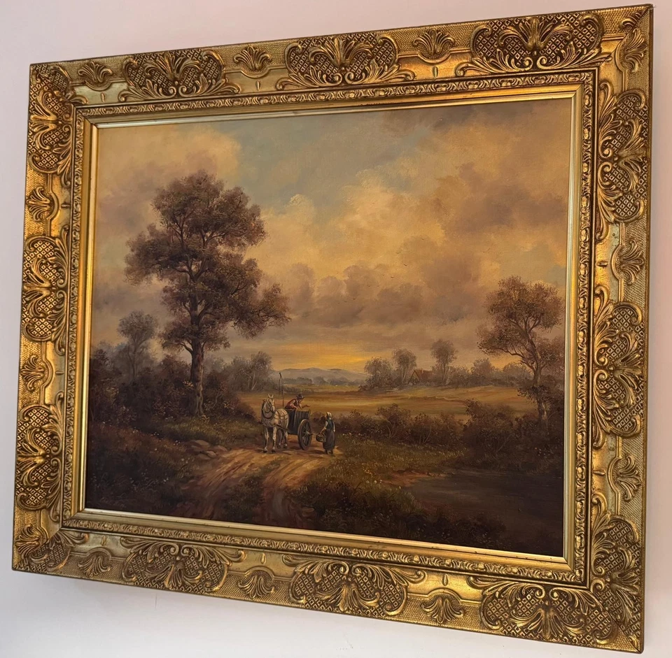 Large Antique oil painting on panel figures landscape signed framed 75/65 cm - Image 3 of 4