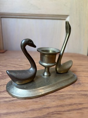 Vintage Solid Brass Swan Duo Candle Holder Mid Century Decor Hollywood Regency
